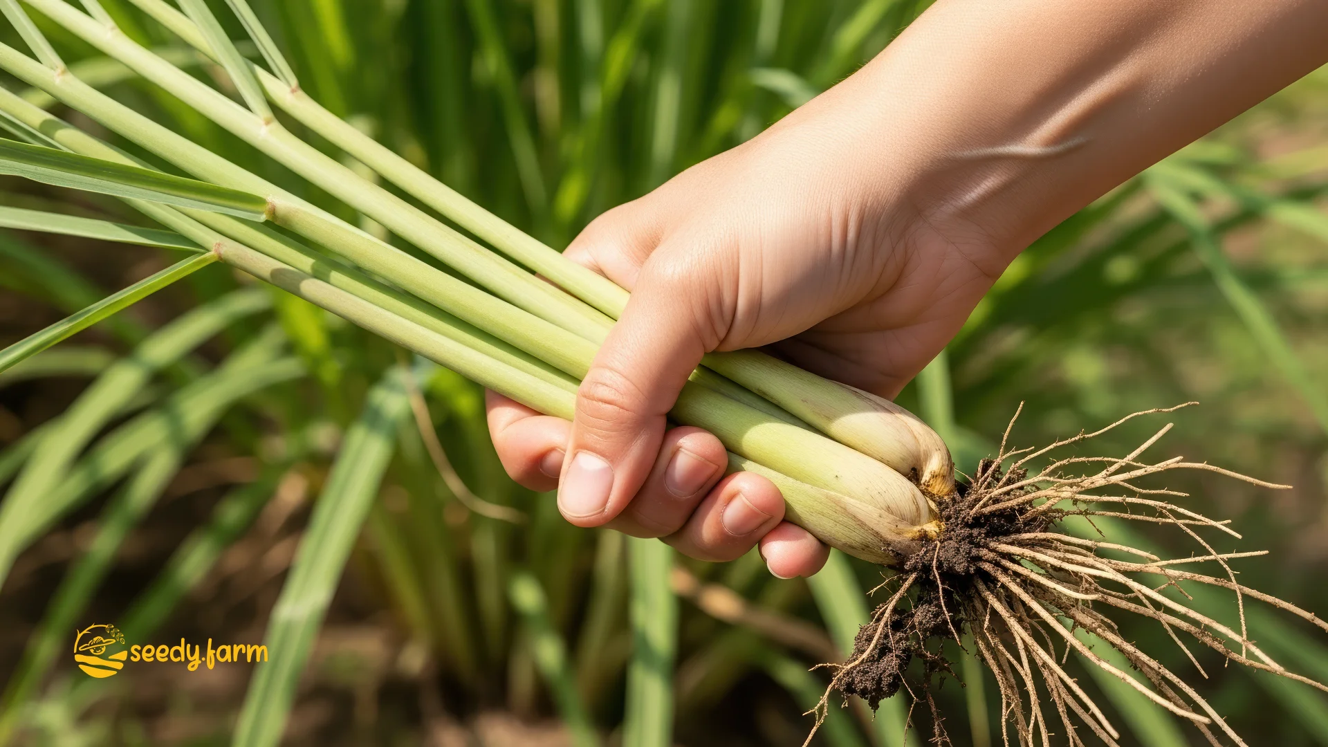 A hand holding a bunch of freshly harvested lemongrass stalks showing the pale bases and intact root system with soil