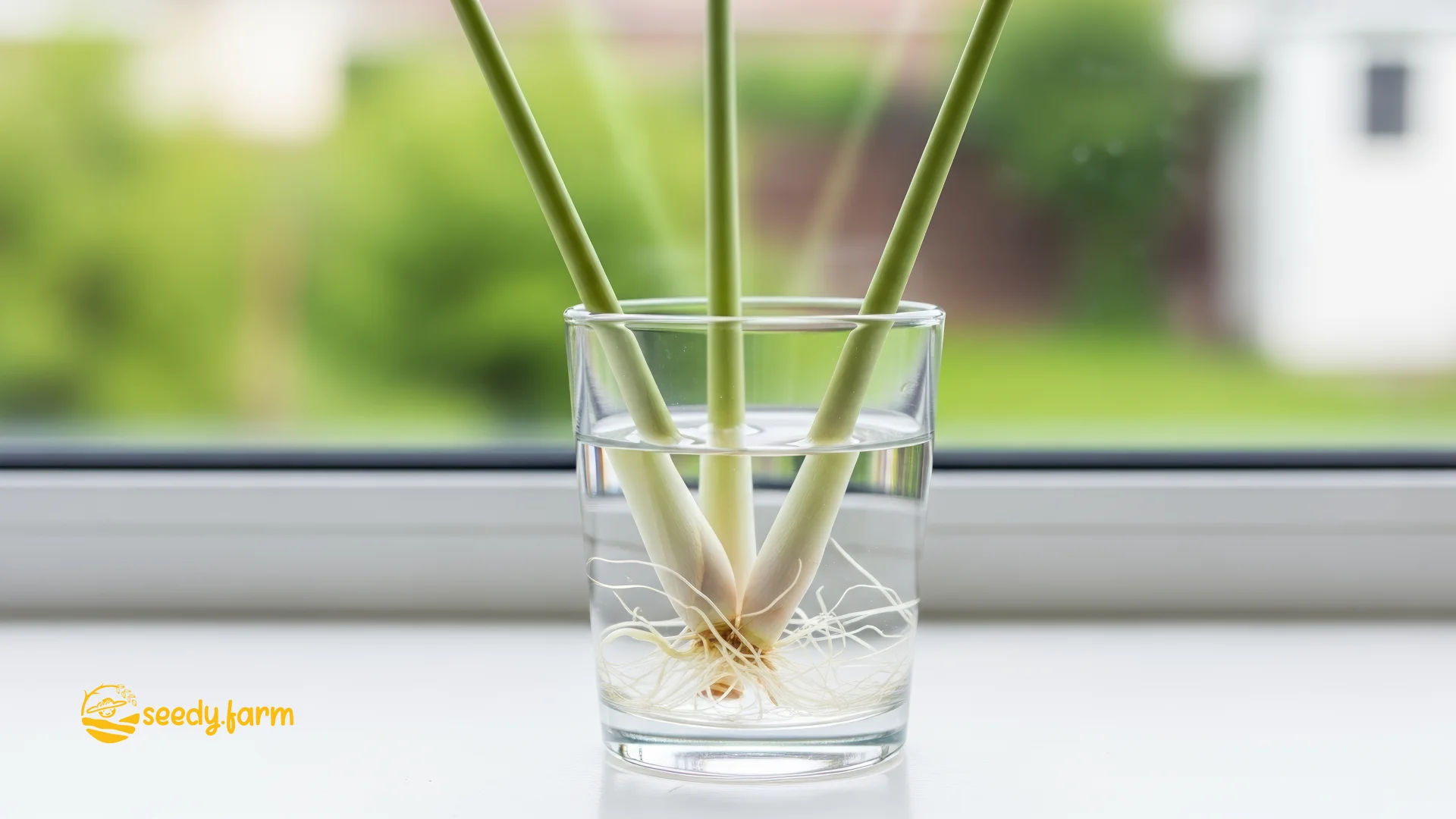 Three lemongrass stalks with new white roots sprouting from the base, standing in a clear glass of water on a windowsill