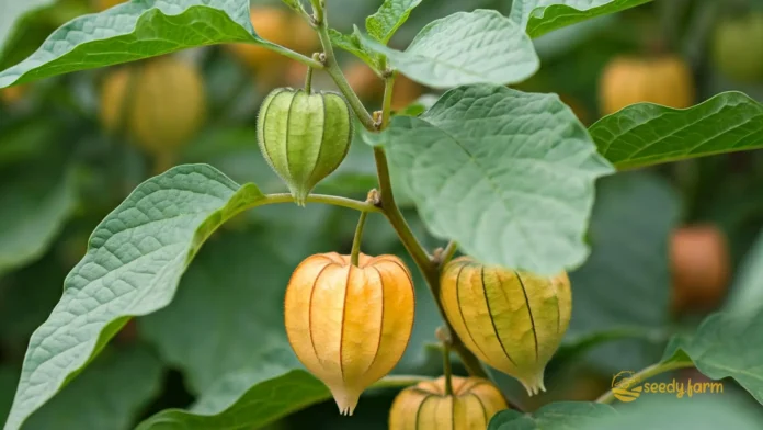 Close-up of a Ground Cherry plant with ripe orange fruits